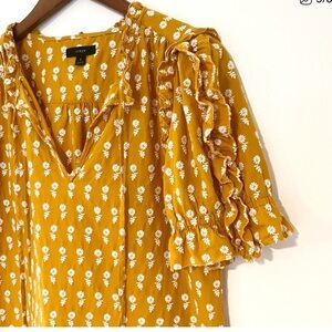J. CREW OPEN SUNFLOWER EMBROIDERED RUFFLED V NECK TOP PUFF SLEEVES X-LARGE EUC
